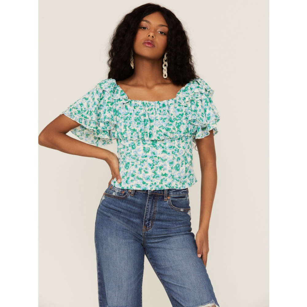 Molly Bracken Floral Blue Green Coquette Ruffle Blouse